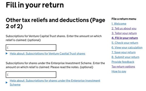 other tax reliefs self-assessment hmrc