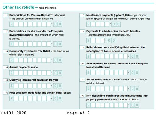 other tax reliefs self-assessment hmrc